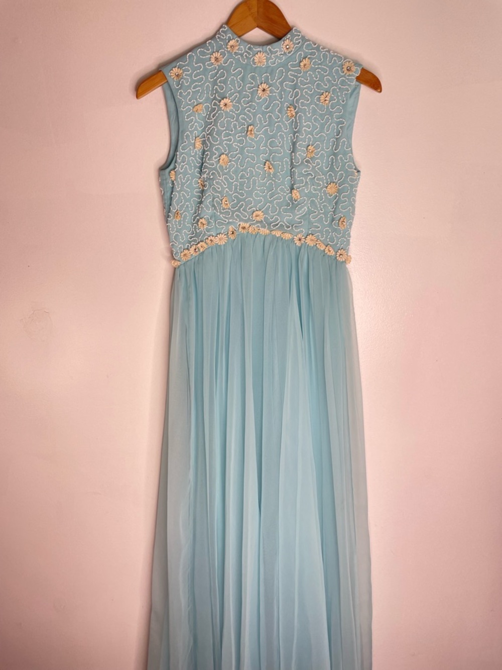 Vintage Light Blue Embroidered Tulle Dress 1950s Formal Beaded Handmade